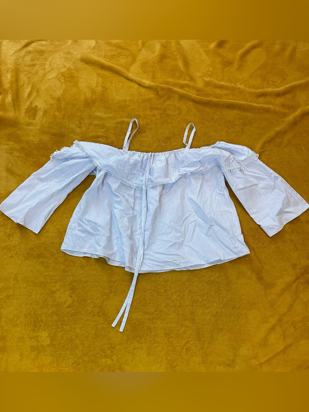 Jonathan Simkhai Light Blue and White Striped Off-Shoulder Peasant Blouse